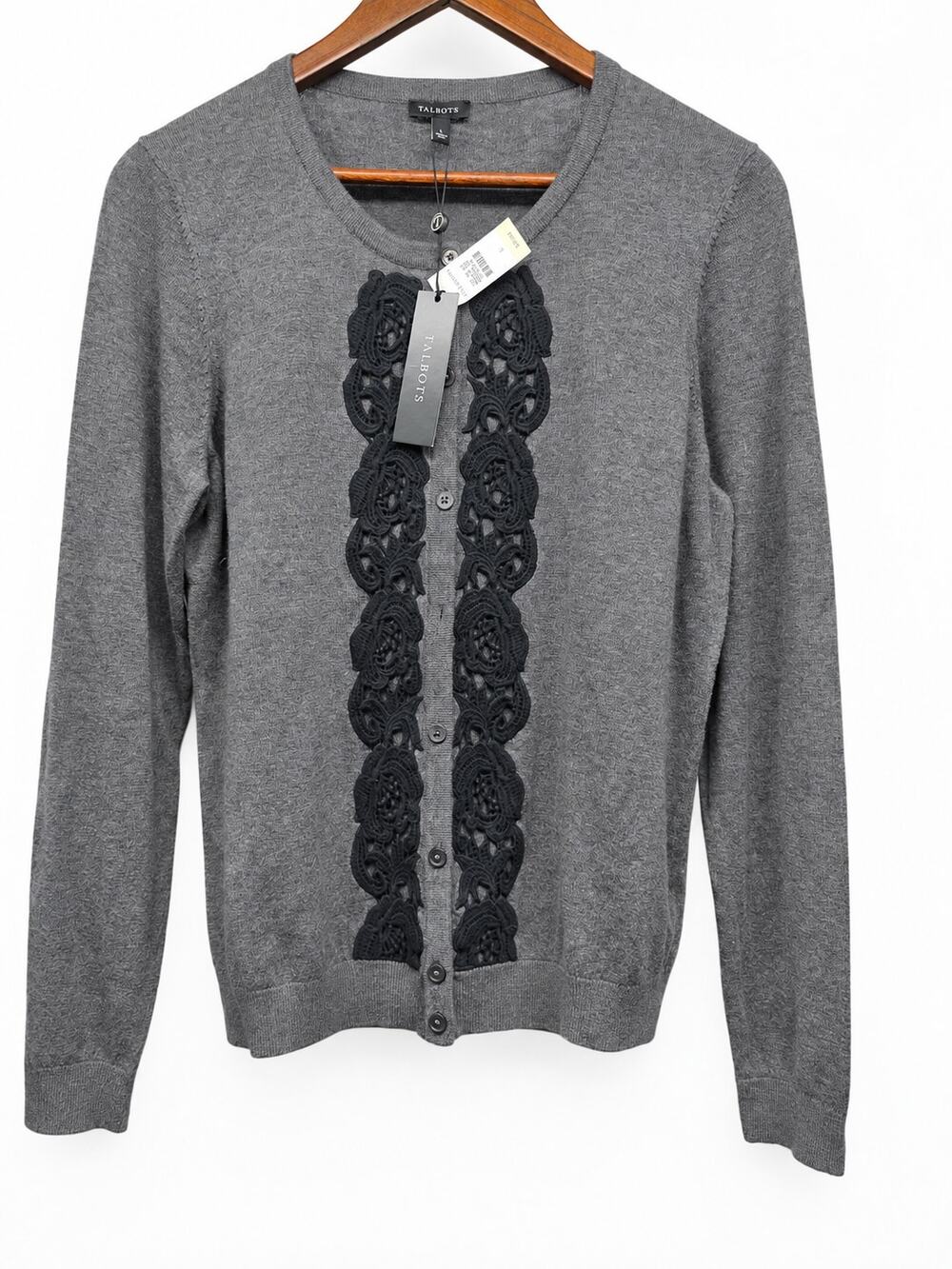 Talbots NWT Gray Lace Trim Cardigan Sweater Size L Wool Blend Button Front